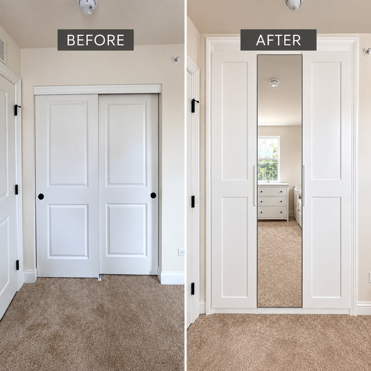 Michael supplied real ModuCloset Project 4 Before/After comparison — original closet on the left and finished built-in closet with mirrored center door on the right.