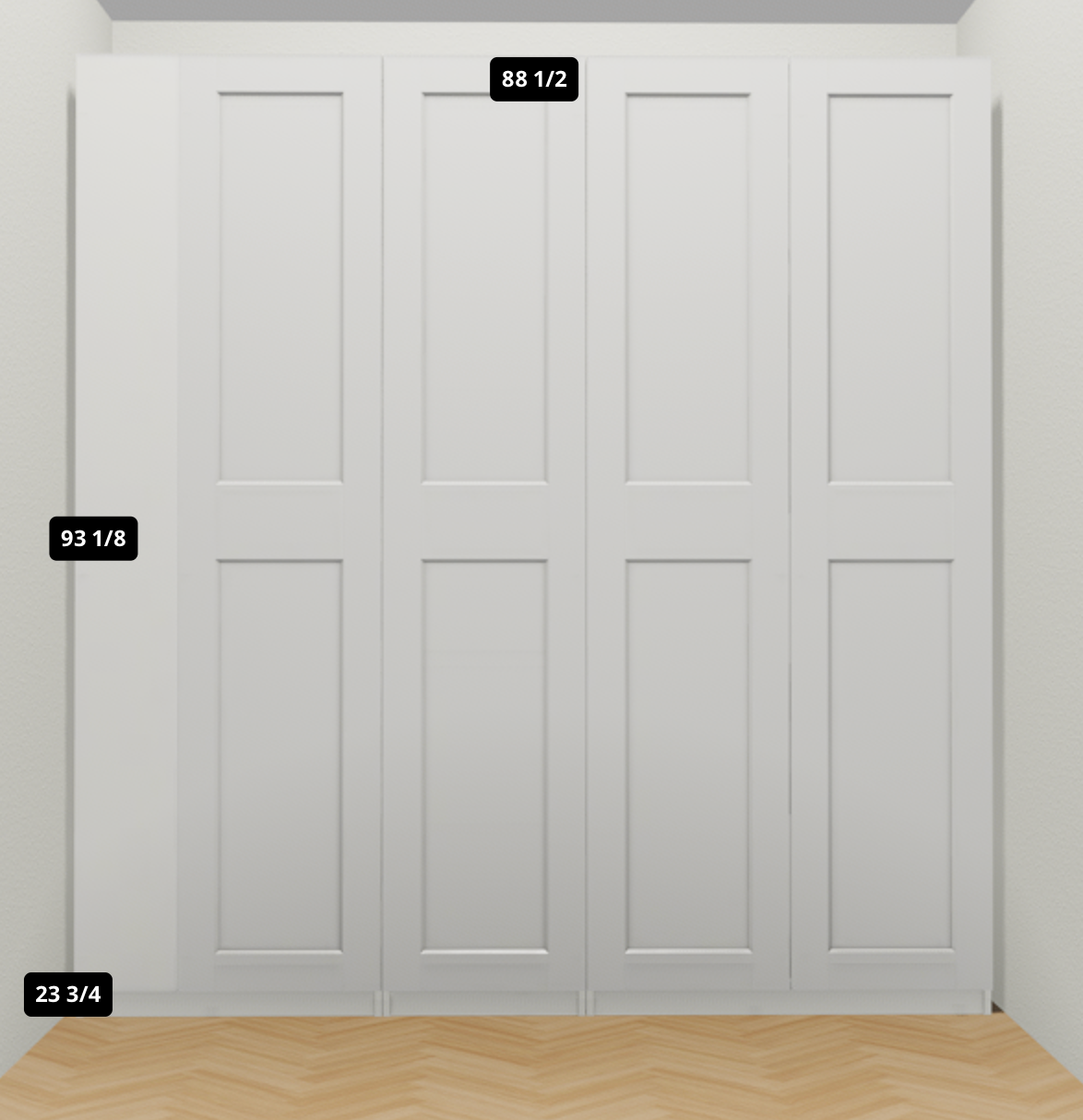 IKEA planning visualization — closed-door closet view with planned dimensions; not an exact as-built representation.