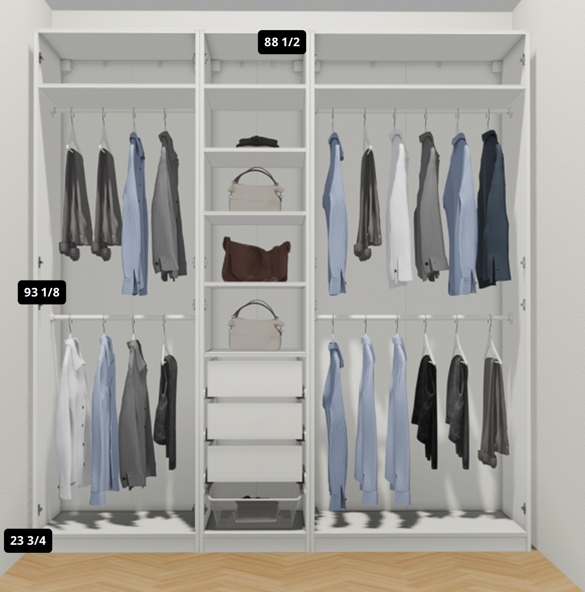 IKEA planning visualization — open closet interior and planned storage; details differ from the installed result.